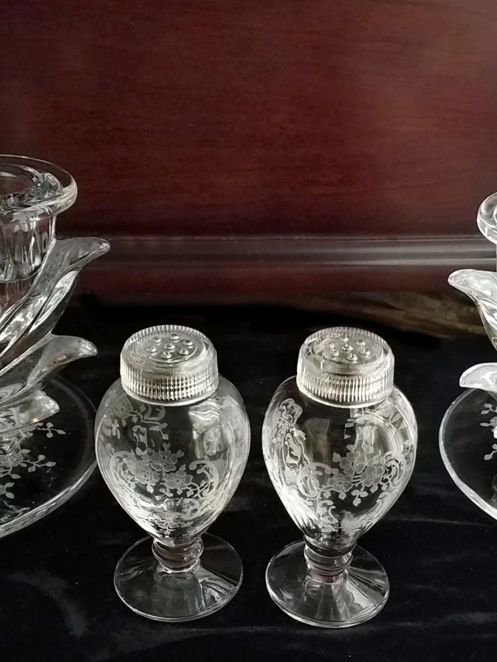 Fostoria Meadow Rose Vintage Glass Candlesticks & RARE Salt & Pepper Shakers